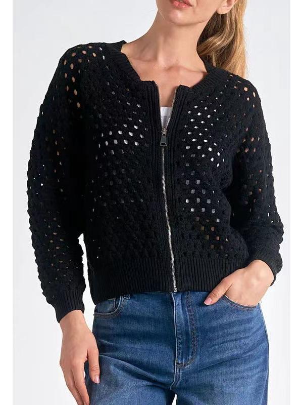 2025 Women's Casual Fashion Hollow Knit Zipper Jacket - European & American Style