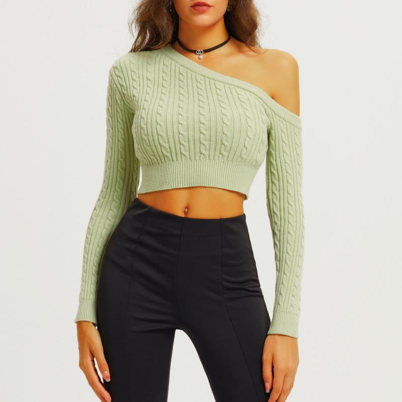 

Женский шерстяной свитер-пуловер на одно плечо с длинными рукавами - модный топ на осень/зиму L зелёный/авокадо