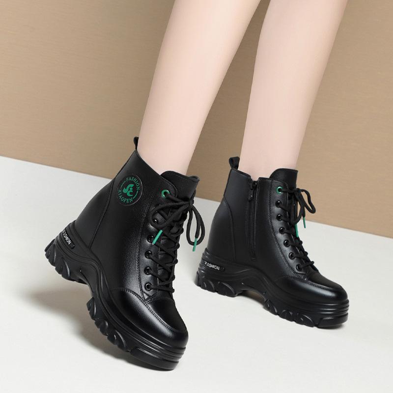 Fashion Autumn Winter Women Warm Leather Platform Wedge Mid Calf Ankle Motorcycle Booties Non Slip Plus Velvet High Top Casual Shoes