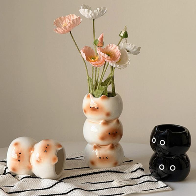 Handmade Cartoon Cat Decorative Flower Arrangement Living Room Floral Art Unique Ceramic Cute Home Decorations