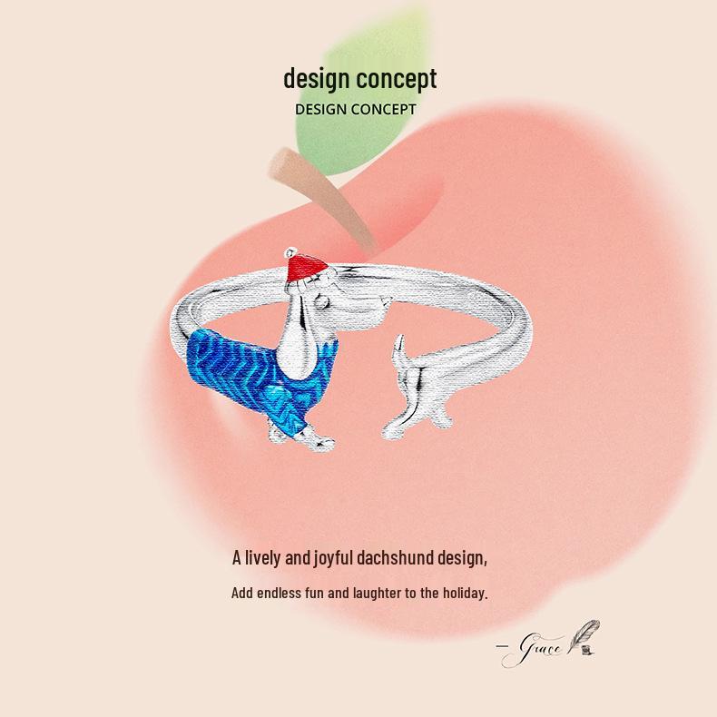 Everle S925 Sterling Silver Dachshund Adjustable Christmas Ring for Women
