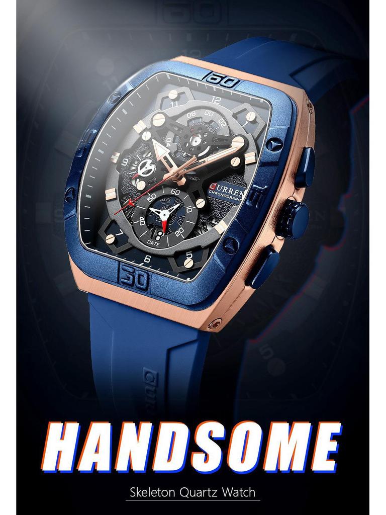 CURREN 8443 Wasserdichte Herren-Quarz-Multifunktionsuhr mit Sechs-Zeiger-Design und Tonnenform