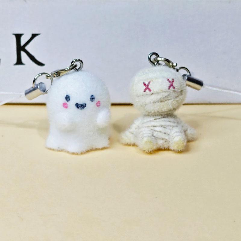 Kawaii Flocked Mummy Ghost Phone Chain Charm Strap Adorable Cartoon Plush Keyring Ins Style Phone Case Bag Camera Pendant