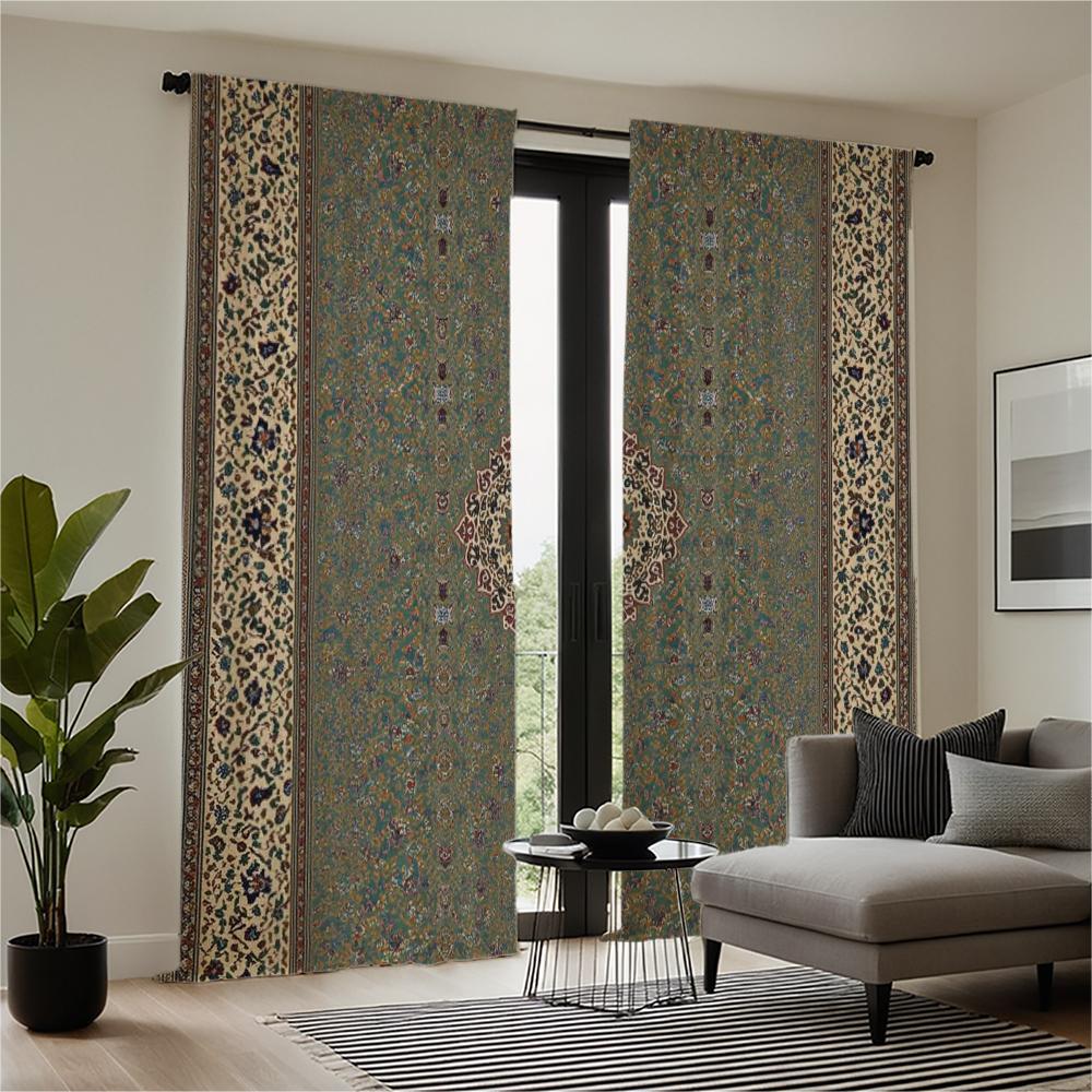Piece Set High Definition Digital Printed Curtainoriental Style Green Patterned Border Curtainhome Decoration Curtain Polyester