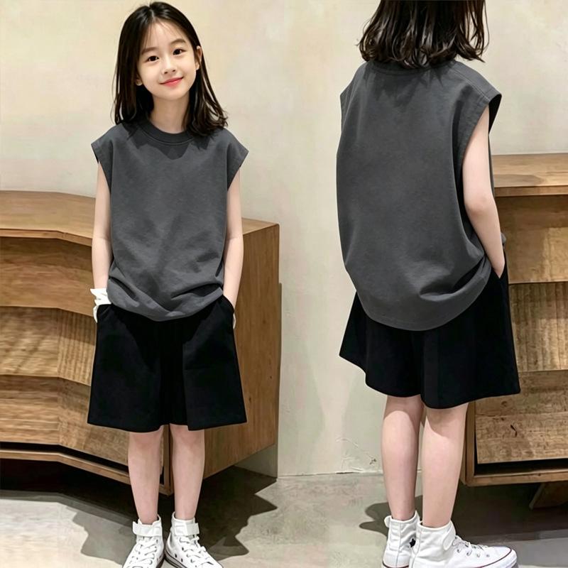 Girls' Sleeveless Cotton Vest & T-Shirt Set - Casual Summer Two-Piece for Medium & Large Girls