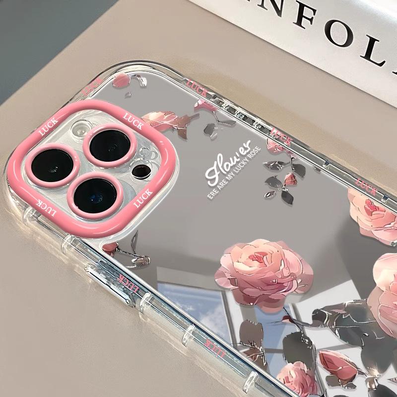 Pink Rose for IPhone17 Mirror Phone Case for Apple 15promax Small Fresh 14 Flower 13
