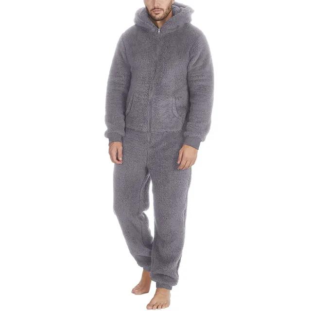 Pijamale Călduroase de Iarnă din Fleece Teddy pentru Bărbați Onesie de Pluș cu Fermoar Pijamale Pufoase cu Glugă Dintr-o Bucată pentru Dormit și Relaxare
