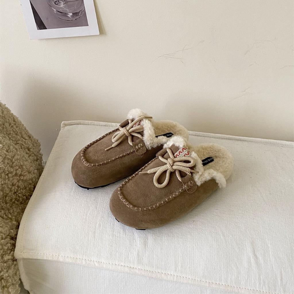 2025 autumn fashion bag head matte leather bow lace-up thickened fluff outer wear commuter women's shoes