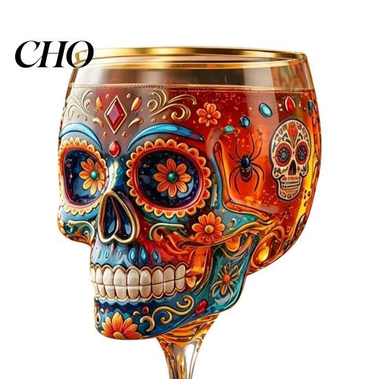 Sugar Skull Wine Glass Gothic Glass, Hand Painted Skeleton Goblet, Day Luxury Decorative Drinking of The Dead Decor, Unique Bar Gift for Halloween