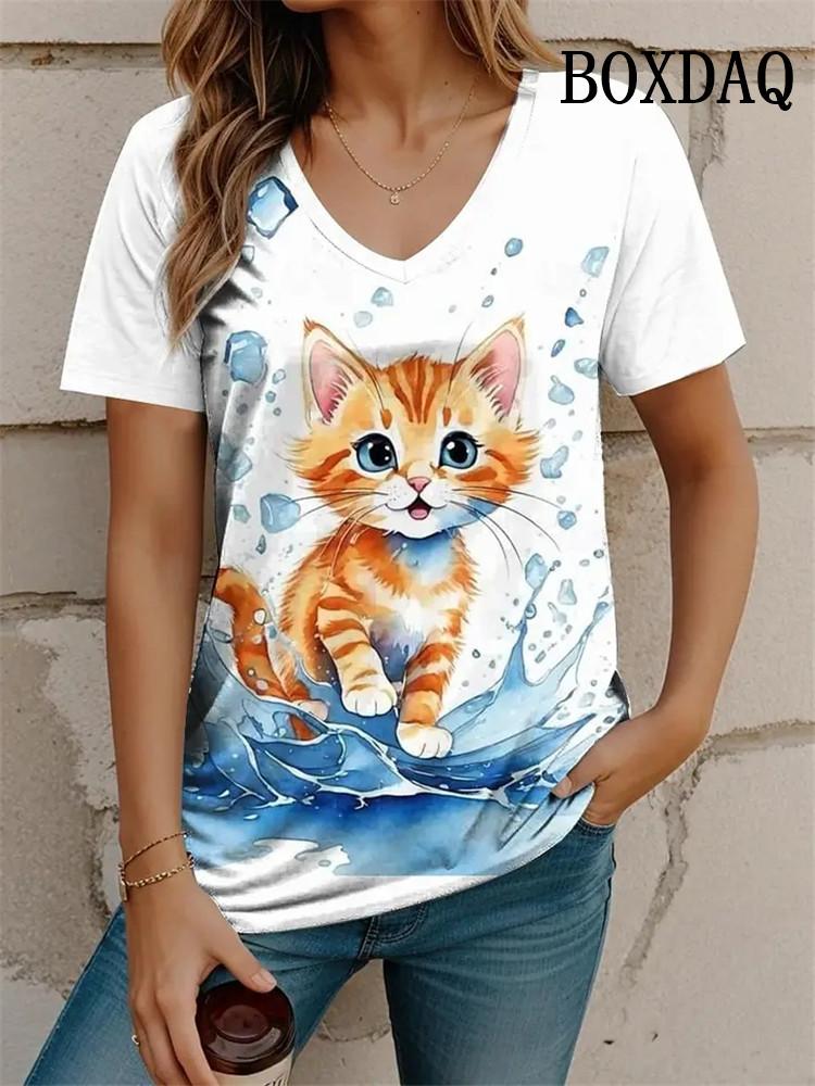 

Outdoor Women s T-Shirt Cute Cat Printed Short Sleeve Top Female Harajuku Tees Shirt Plus Size V-Neck Tops Animal Women Clothing XL