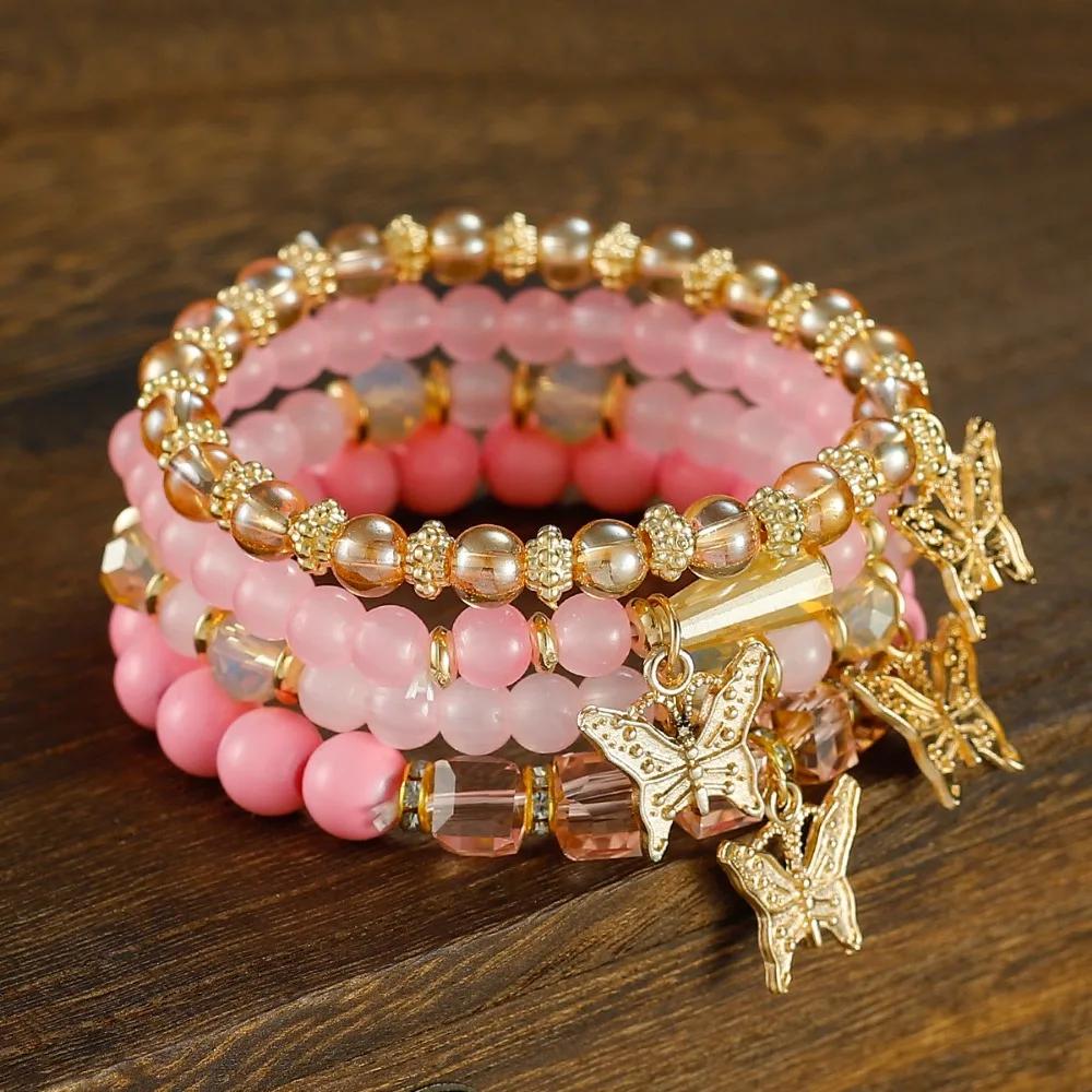 4pcs Set Bohemia Cute Pink Acrylic Beaded Crystal Butterfly Bracelet for Women Charm Multilayer Pearl Bangle Jewelry Accessories