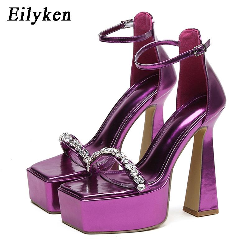 Eilyken 2025 Brand CRYSTAL Buckle Strap Women Sandals Sexy Thick High Heels Platform Gladiator Dress Party Summer Shoes