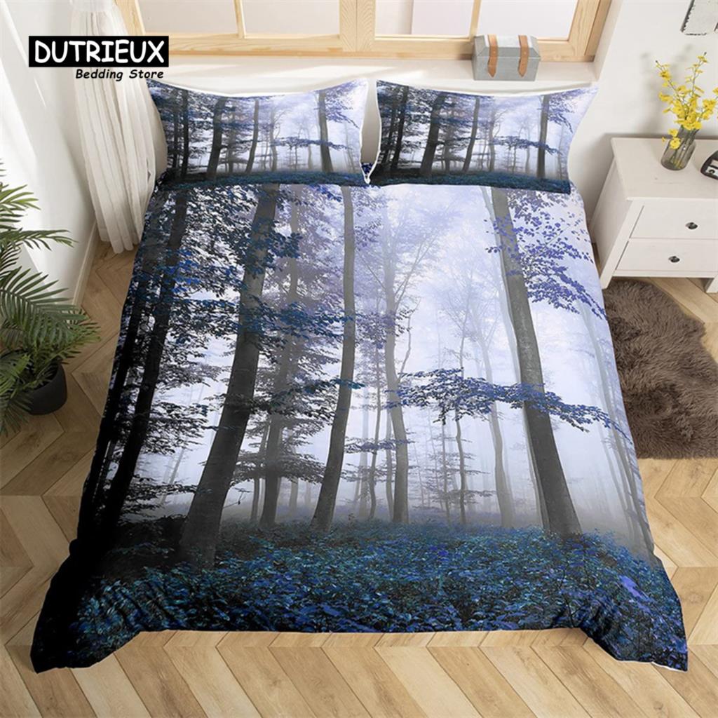 Dense Birch Trees with Red Leaves Duvet Cover Tree Lush King Bedding Set Polyester Jungle Nature Botanical Print Comforter Cover