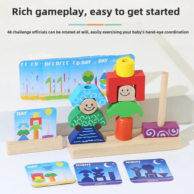 Dřevěné kostky skládané Hra na přiřazování tvarů Montessori Trénink logického myšlení Kreativní puzzle hry s tématikou den/noc Dětské hračky