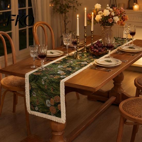 Fringed Edge Table Runner Runner, Vintage Floral Printed with Durable Edges, Protects from Heat Scratches Spills