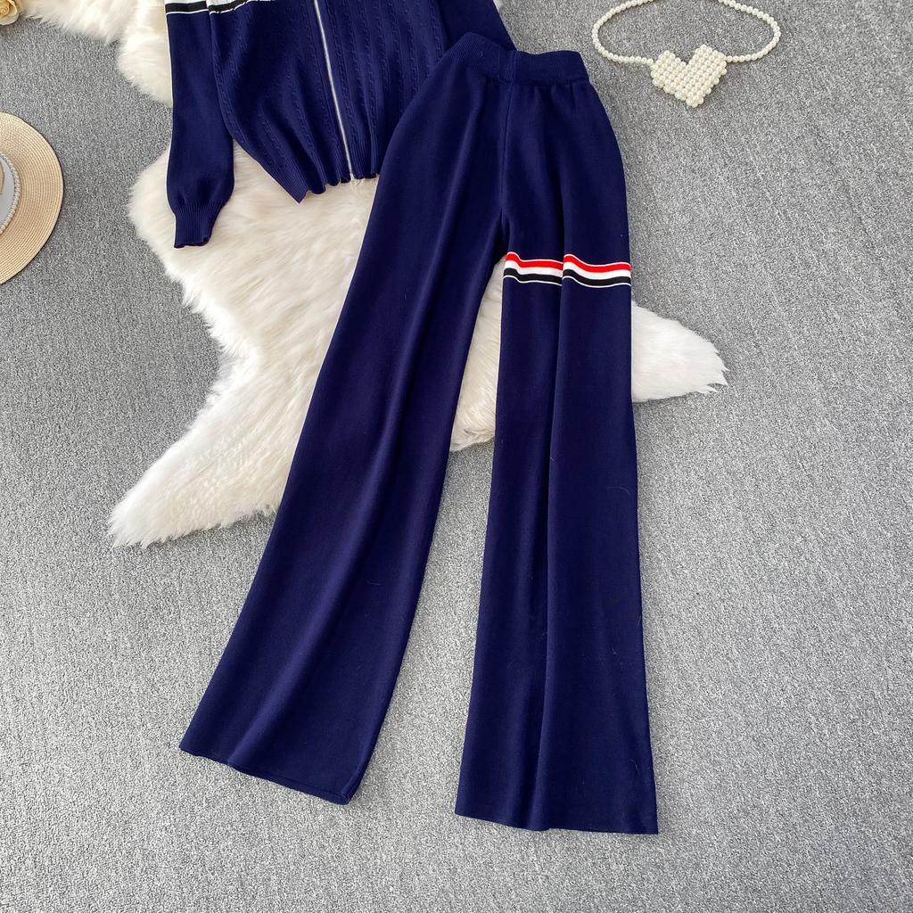 Faionable Knitted Embroidered Striped Set High Waist Wide Leg Pants Zipper Jaet for Women Autumn Season Casual Wear