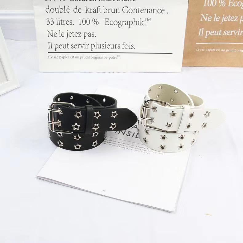 Korean Punk Women's Double Pentagram Leather Chain Belt - Versatile Decorative Waist Belt for Jeans