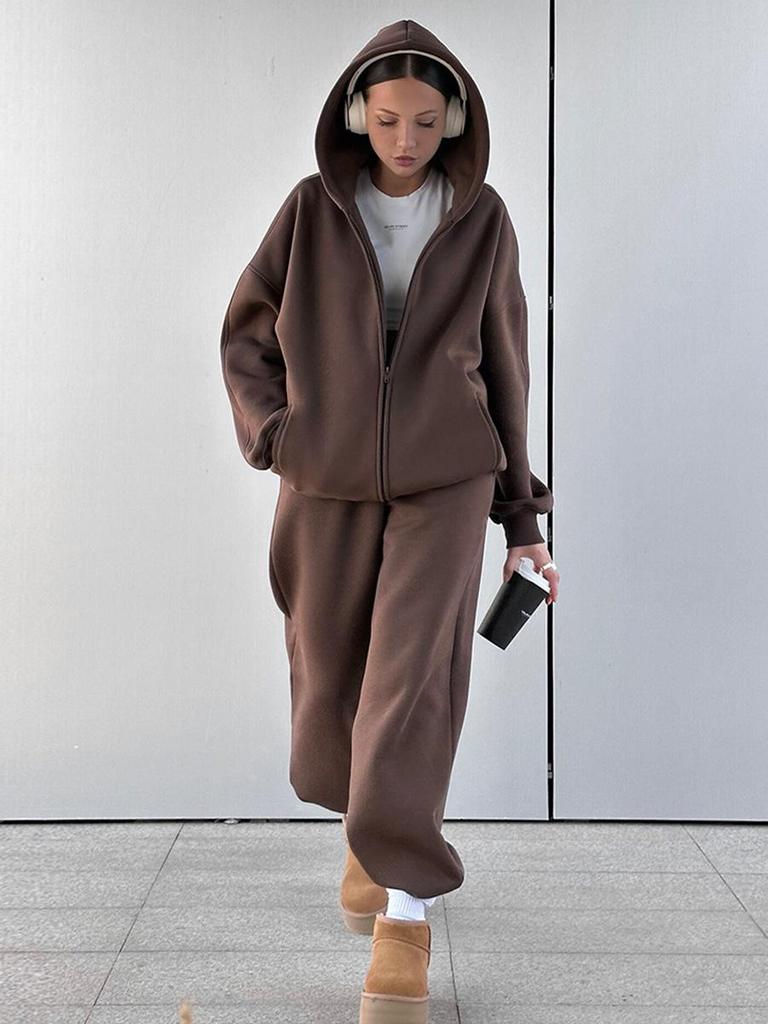 2025 Damen Einfarbiger Kapuzen-Cardigan und Jogger-Set - Europäischer & Amerikanischer Stil Zweiteiler