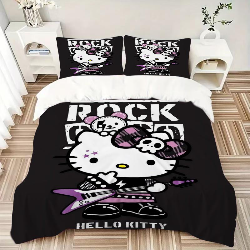 3pcs Cool Rock Hello Kitty Pattern Bedding Three-Piece Set (1 Cover + 2 Pillowcases, No Fillings), Soft and Comfortable W021
