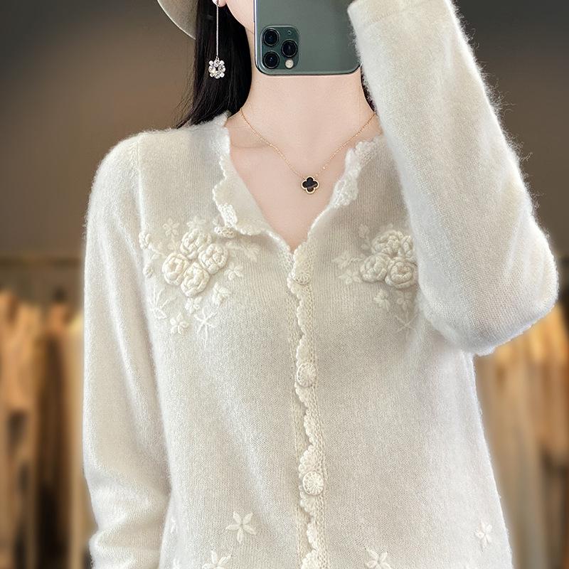 Women's 100% Pure Wool Embroidered Cardigan - Soft, Loose, Solid Color Knit Sweater for Autumn and Winter.