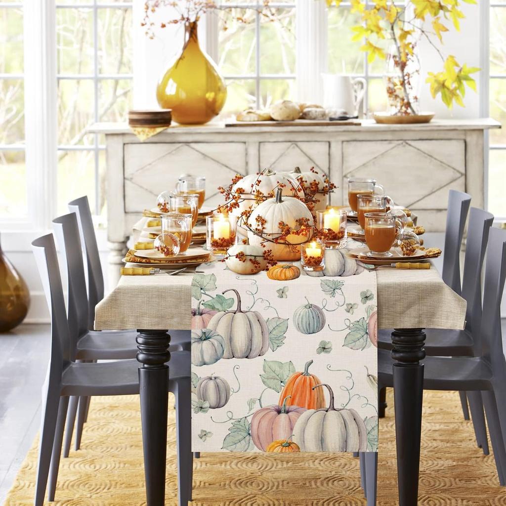 Fall Thanksgiving Pumpkin Linen Table Runner Tabletop Decor Autumn Harvest Kitchen Dining Table Runner Holiday Party Decor