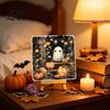Wooden Ghost Figurine for Shelf Halloween Wood Tabletop Sign with Mini Easel Cute Pumpkin Decorative Signs Autumn Plaque Rustic Ornament Home Decor