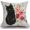 Swono Black Cat and Watercolor Flower Farmhouse Pillow Cover Cotton Linen Decorative Square Throw Pillow Cover 18x18 Inch for Sofa Couch Decoration