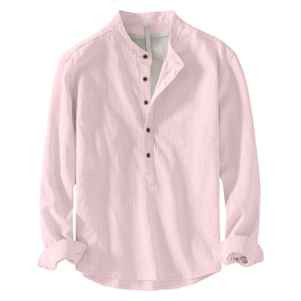 Men's Long Sleeve Slub Linen Pullover Shirt Casual Buttonless Top for Spring and Fall