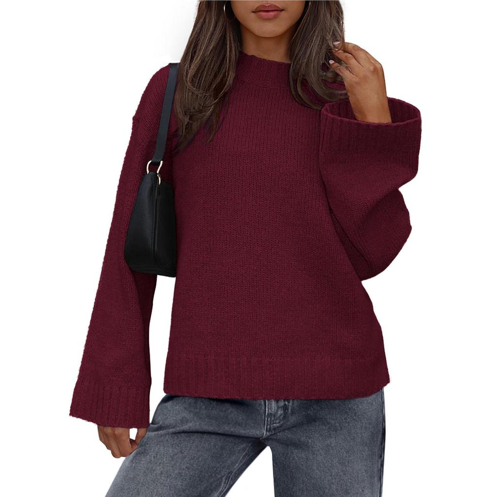 Womens Loose Round Neck Solid Color Bell Sleeve Long Sleeve Knitted Sweater Top