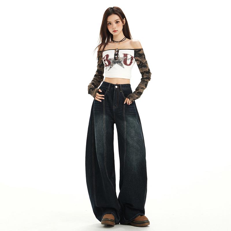 Women's Autumn High-Waisted Scimitar Jeans: Lazy Style Loose Wide-Leg Mop Pants