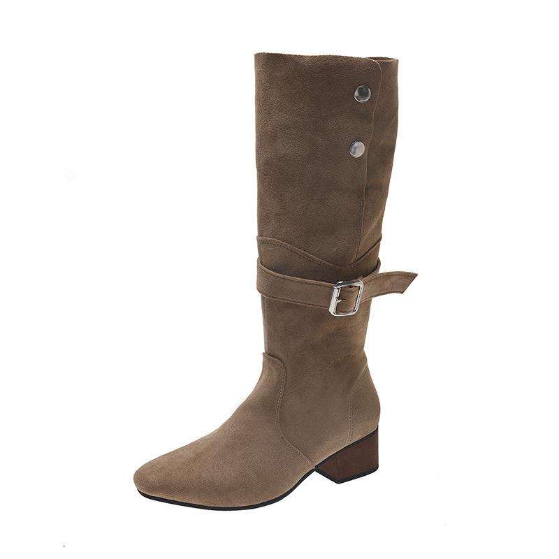 Suede thick heel pointed head medium tube stacking boots women's 2025 autumn and winter new belt buckle two wear high heel long tube fashion boots