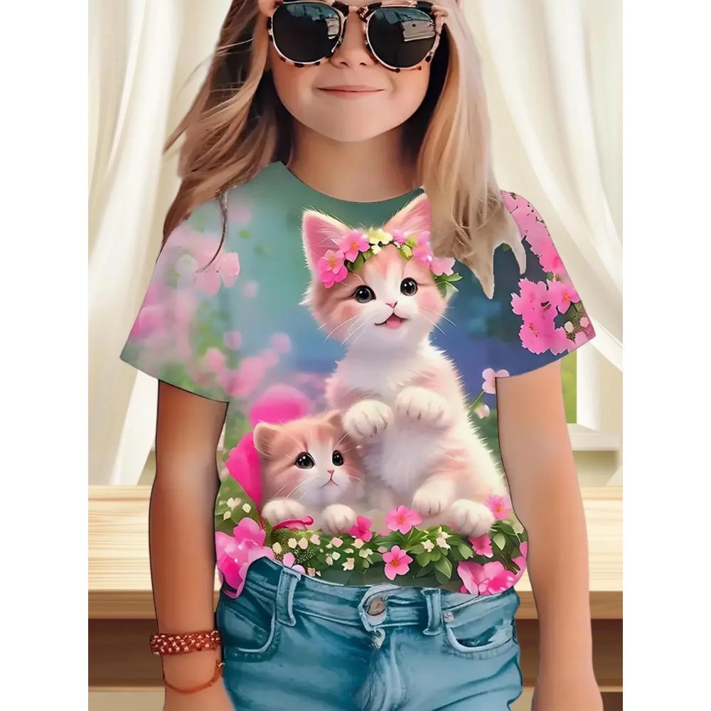 Funny Cat Pattern Children's 3D Digital Printing Fashion Casual Girl Round Neck Short Sleeved T-shirt