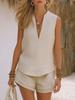 Dames mouwloos diepe V-hals effen kleur linnenmix set casual zomer shorts outfit