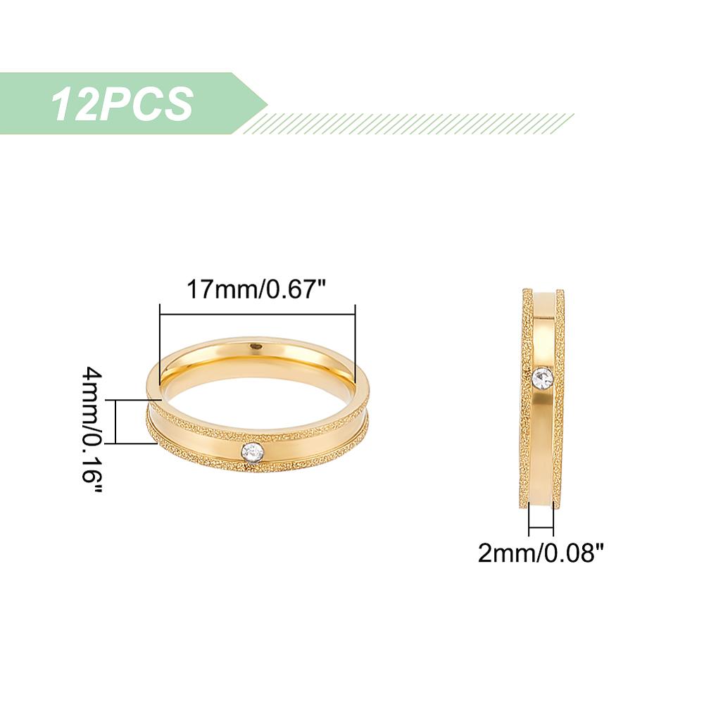 12Pcs Crystal Rhinestone Grooved Finger Ring, Textured 201 Stainless Steel Jewelry for Women, Golden, US Size 6 1/2(16.9mm)