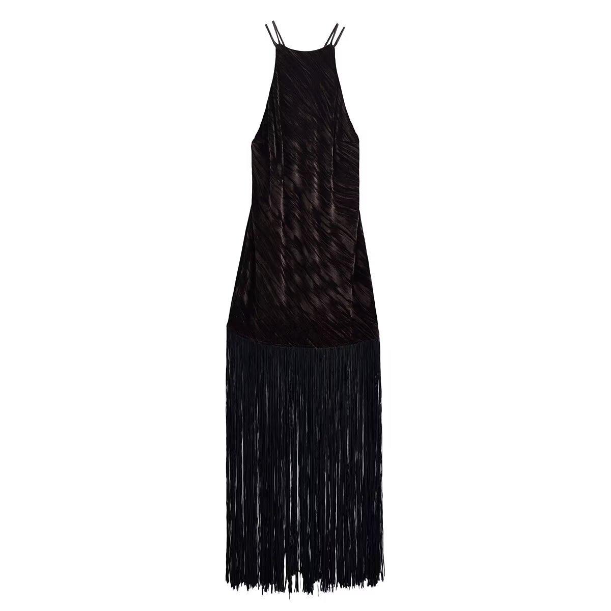 2025 Summer European & American Women s Sleeveless Tassel Hem Dress M каштановый