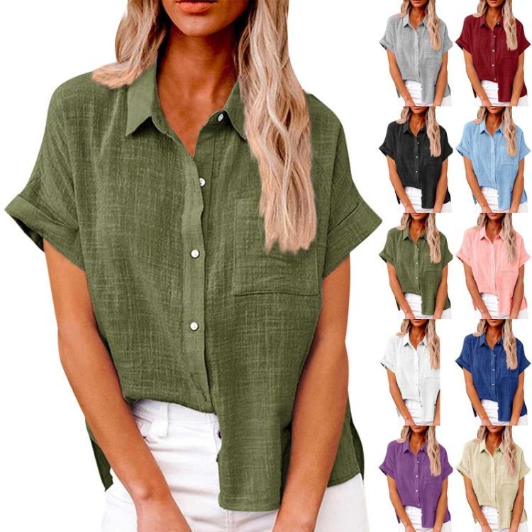 Casual Loose Women Shirt Short Sleeve Lapel Button Down Top With Pocket Tshirt Fashion Color