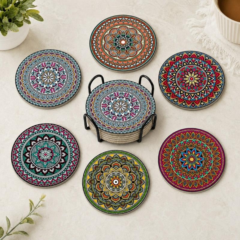 Round Cup Guard Set with Rack, 6 Piece Guard Set for Glasses and Cups, Styled Accent for Dining Tables and Coffee