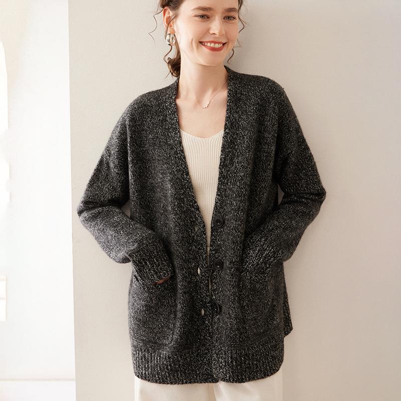 Women's V-Neck Cashmere Knit Cardigan - Autumn/Winter, Long Sleeve, Thick, Stylish & Versatile.