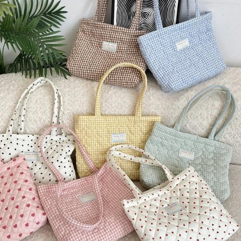 Quilted Cott Women's Handle Shoulder Bags Simple Plaid Heart Female Shopping Bag Large Capacity Grils Tote Shopper Handbags