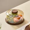 Simple Acacia Wood Round Cake Tray Transparent Display Dessert Bread Plate Home Living Room Glass Cover Snack Fruit Plate Decor
