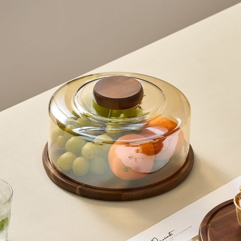 Simple Acacia Wood Round Cake Tray Transparent Display Dessert Bread Plate Home Living Room Glass Cover Snack Fruit Plate Decor