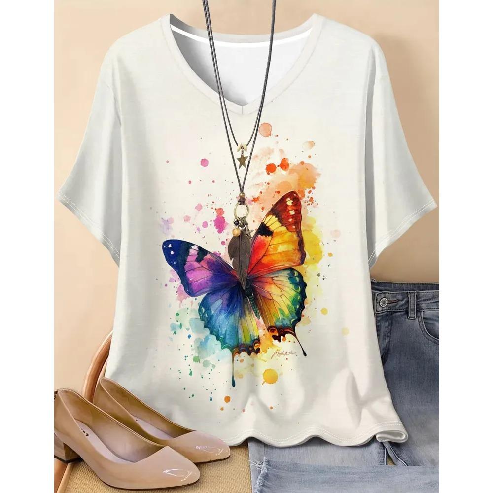 Summer Fashion Animal 3D Printed T-shirt Women's Loose Comfortable Soft Breathable V-neck Short Sleeved T-shirt