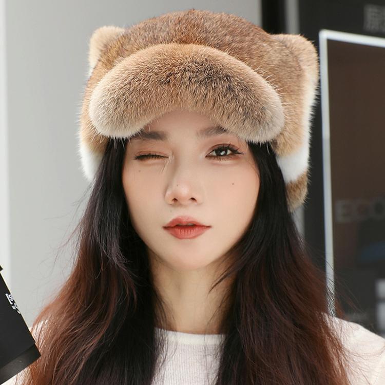 

New Rabbit Fur Cat Ear Hat Men s and Women s Autumn and Winter Fur Cap Fashionable Versatile Warm Couple 56-60 [Adjustable]