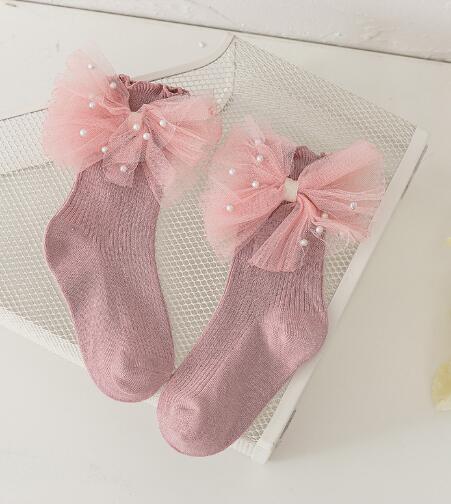 Girls Black Calf Socks Cute Bowknot Pearl Decor Combed Cotton Comfortable Toddler Baby Socks