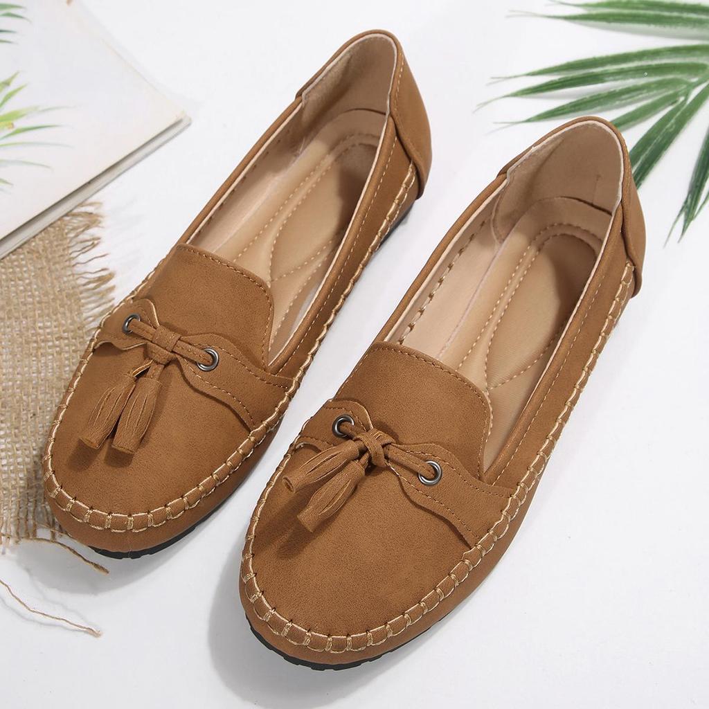 Mokasyny damskie czarne z kokardą i frędzlami na wiosnę/jesień 2025 - miękka podeszwa, wsuwane baleriny dla wygody