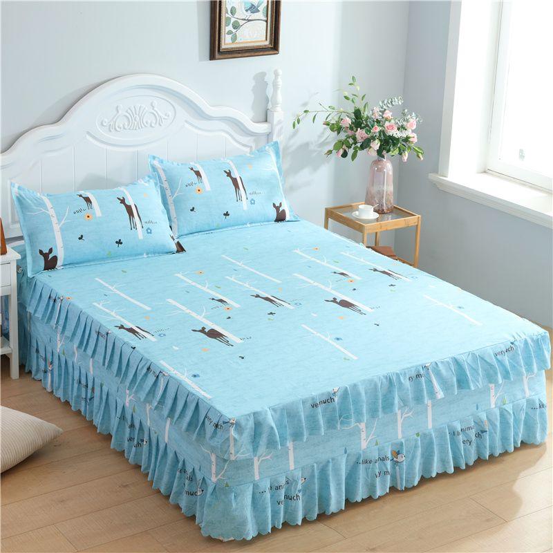 3PCS Bed Skirt Flower Printed Fitted Sheet Cover Home Graceful Bedspread Bed Linens Bedroom Decor Mattress Cover Pillowcase