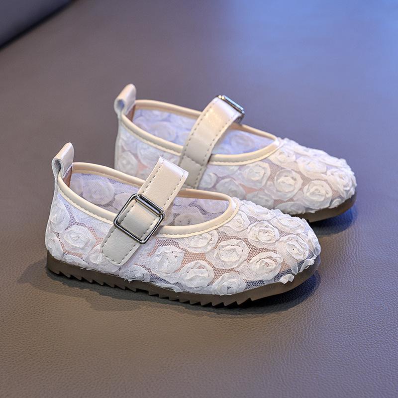 Toddler Girls Lace Floral Mary Jane Flats, Breathable Mesh Princess Shoes with Buckle Strap