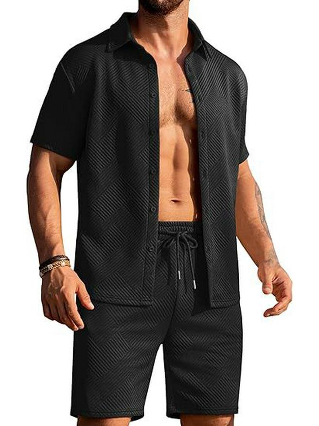 

2026 Knitted Summer Beach Button-Up Top & Shorts Set with Pockets Medium чорний