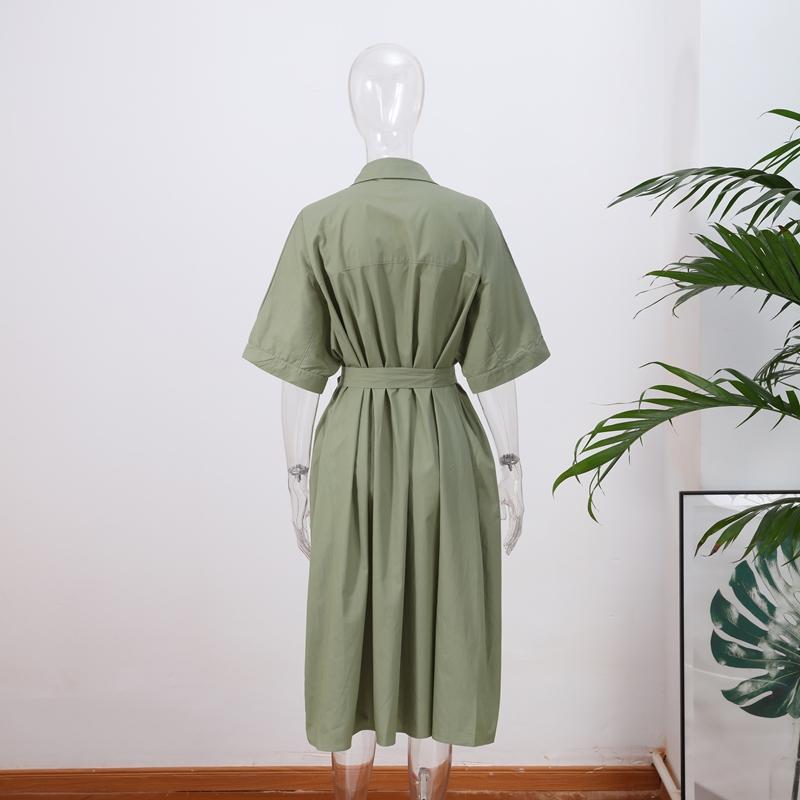 Casual Women's Lace Up Dress Single-Breasted Turn-Down Collar Short Sleeve Lady Dresses Loose Female Robe