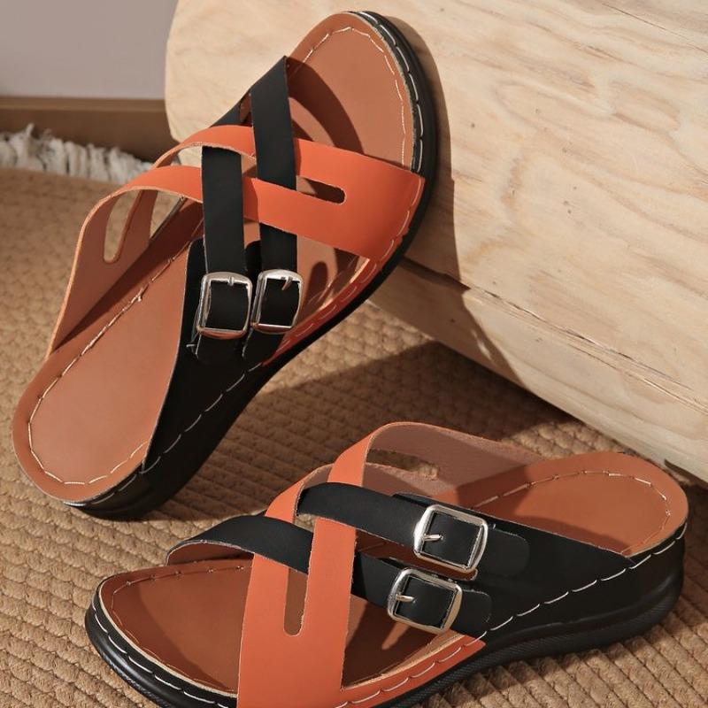 New Large Size Solid Color Slippers Female Fish Mouth Thick Bottom Fashion Belt Buckle One Word Cool Slippers